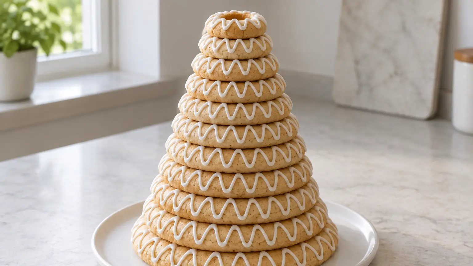 Kransekake with twelve golden almond rings joined with white icing zigzags
