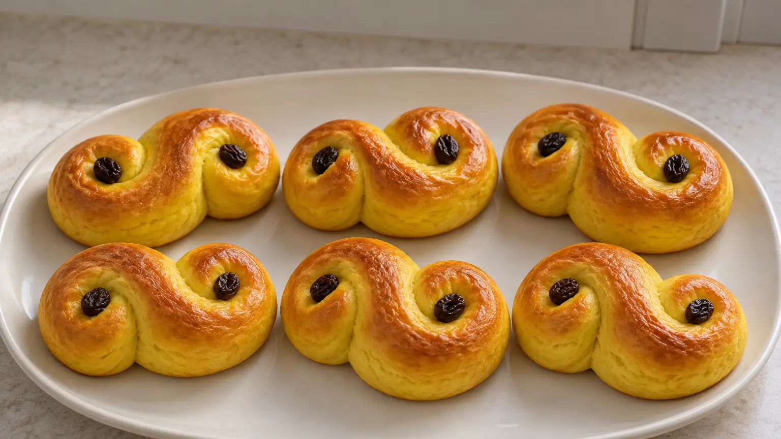 Golden S-shaped saffron lussekatter with two raisins in the spirals