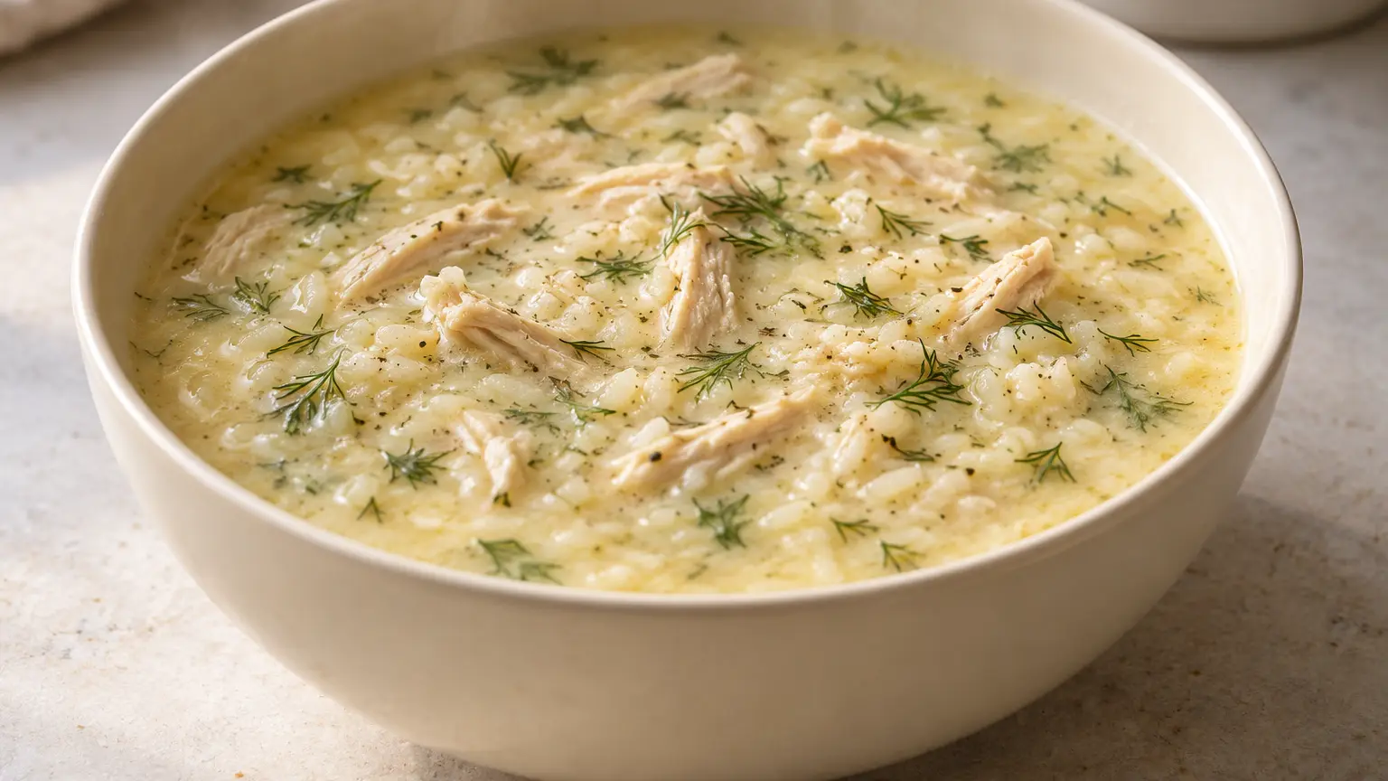 Velvety avgolemono with rice, chicken shreds, and finely chopped dill