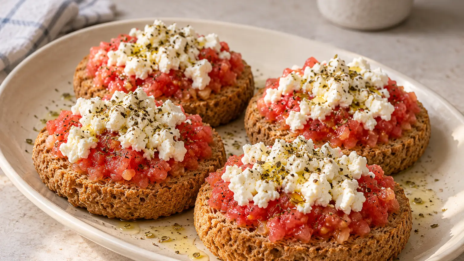 Barley dakos rusks layered with tomatoes, crumbled feta, and oregano