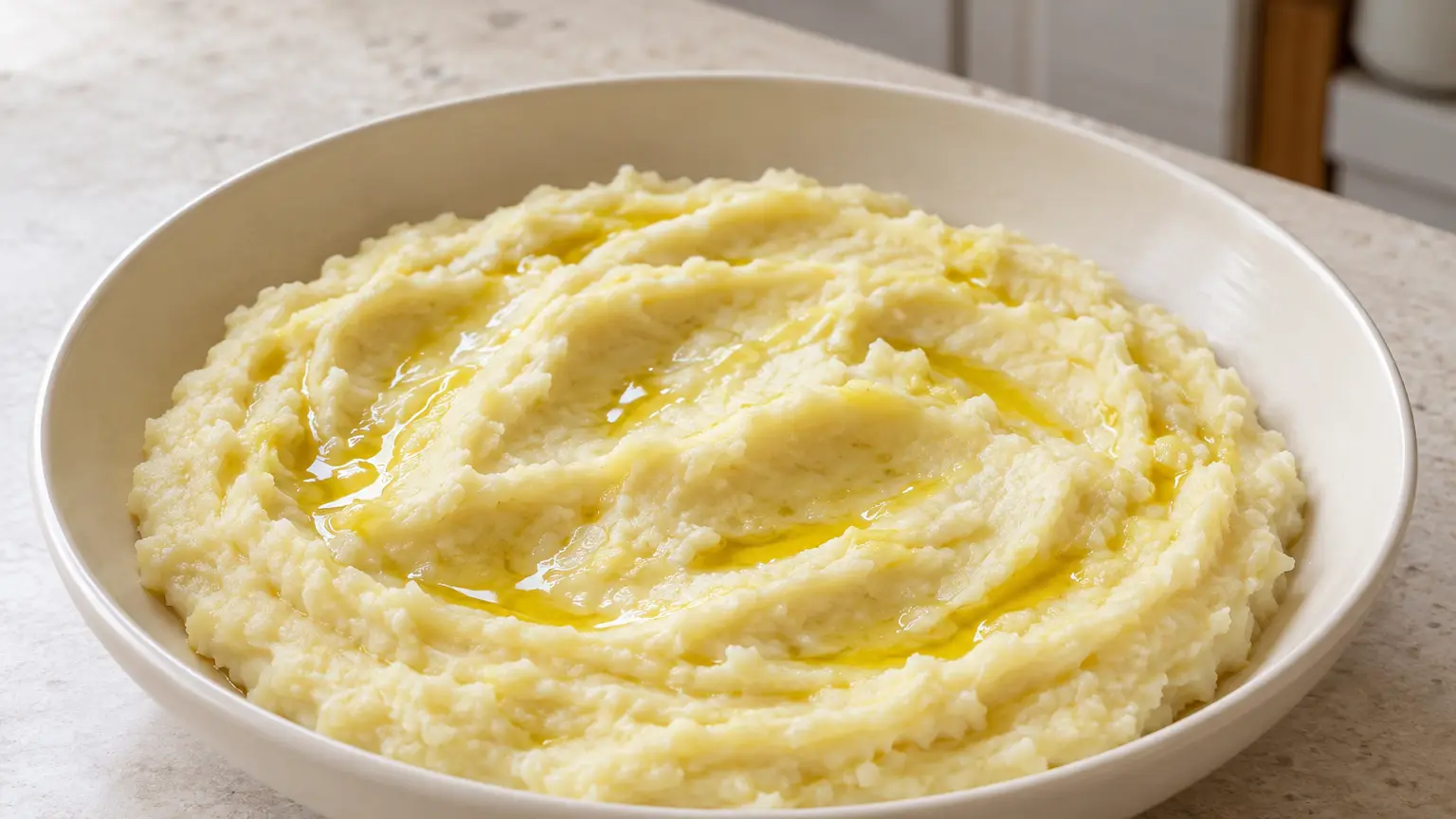 Creamy potato-garlic skordalia drizzled with olive oil in a wide shallow bowl