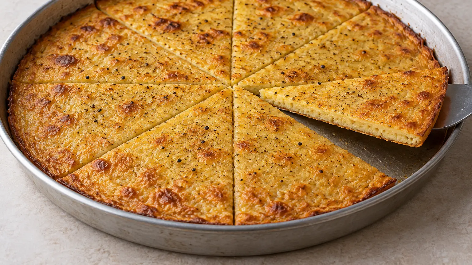 Thin golden farinata with black pepper, cut into pieces