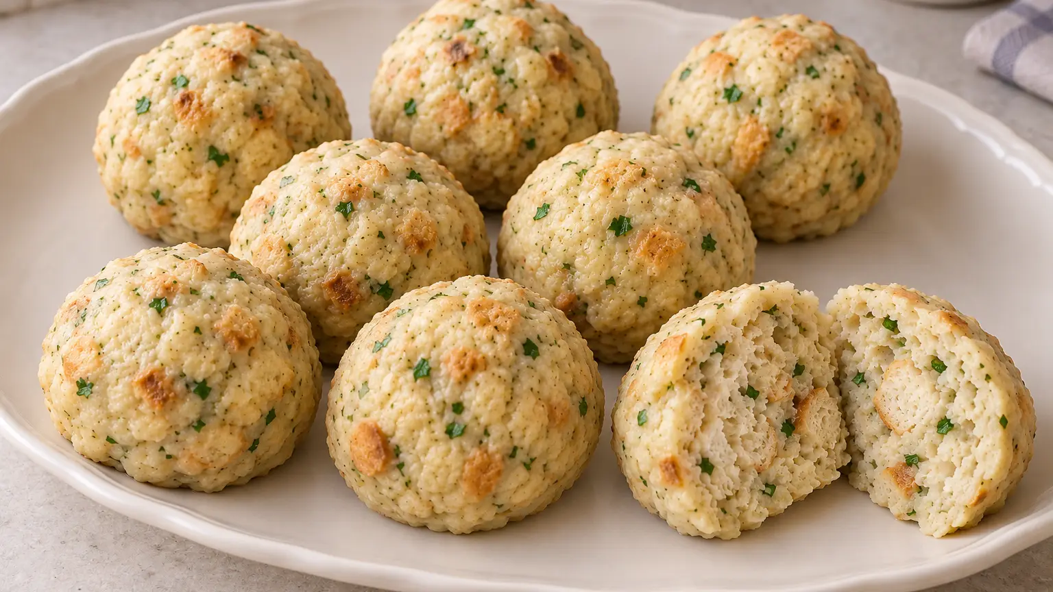 Platter of Bavarian bread-roll dumplings with parsley, including a cut dumpling