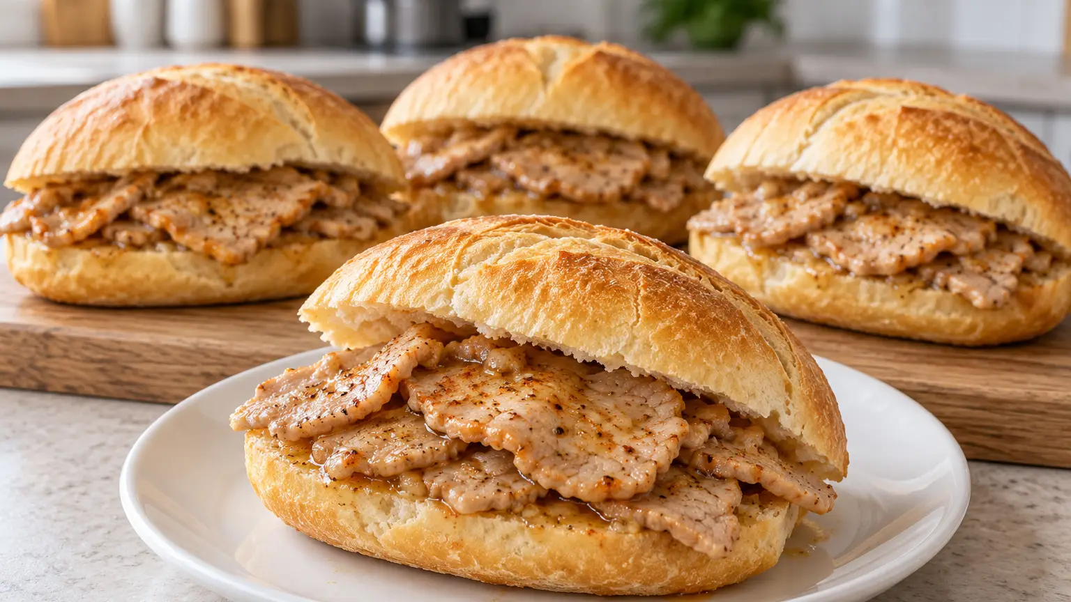 Portuguese roll with thin pork slices and glossy garlic sauce