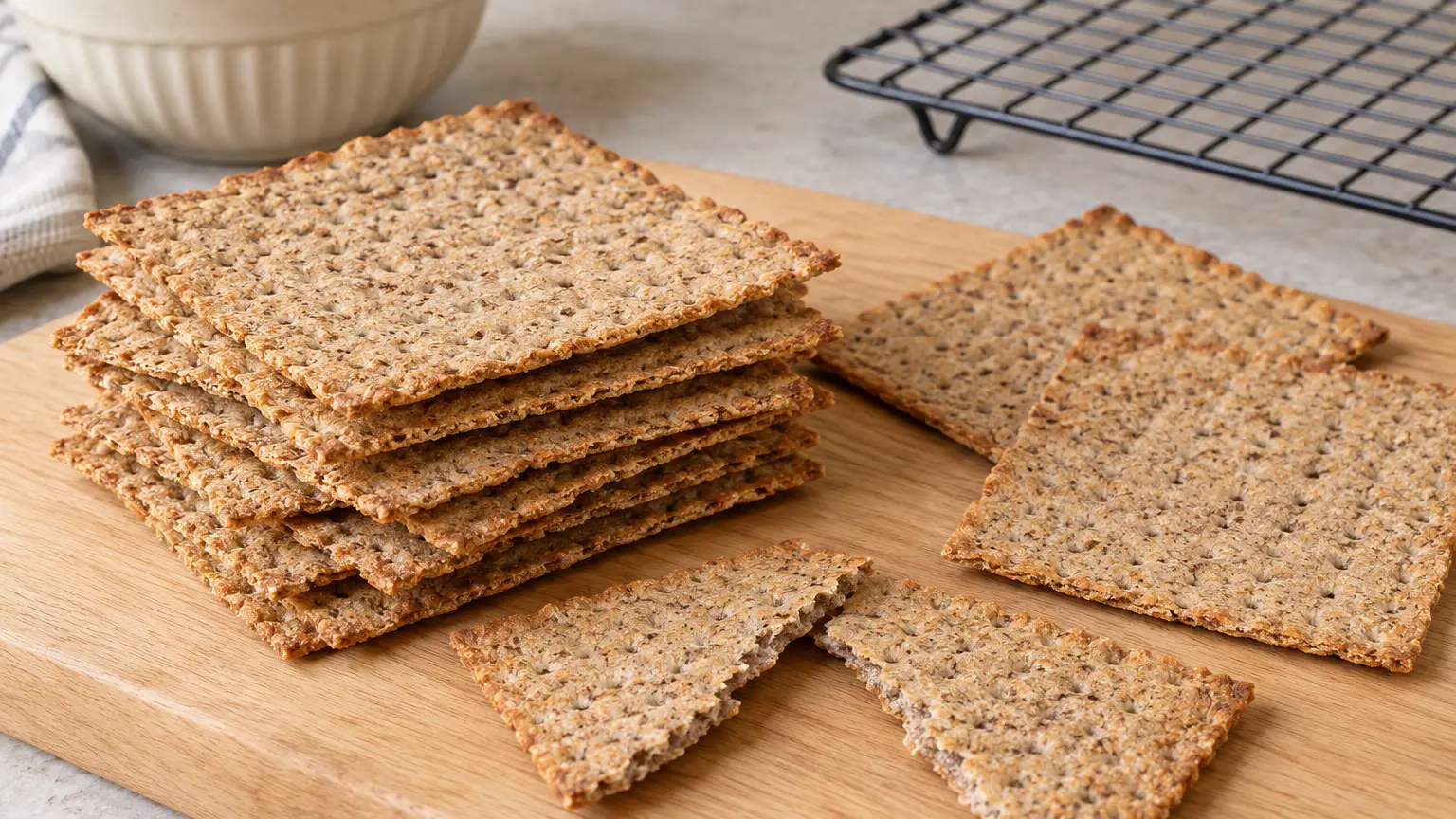 Thin rye crispbread squares with prick marks and a dry brittle broken edge