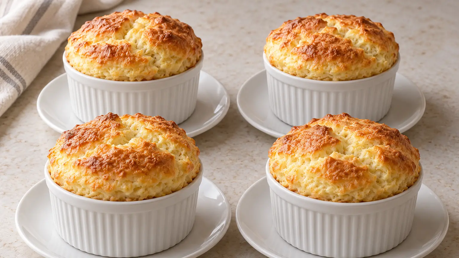 Four risen cheese soufflés with golden tops in ceramic ramekins