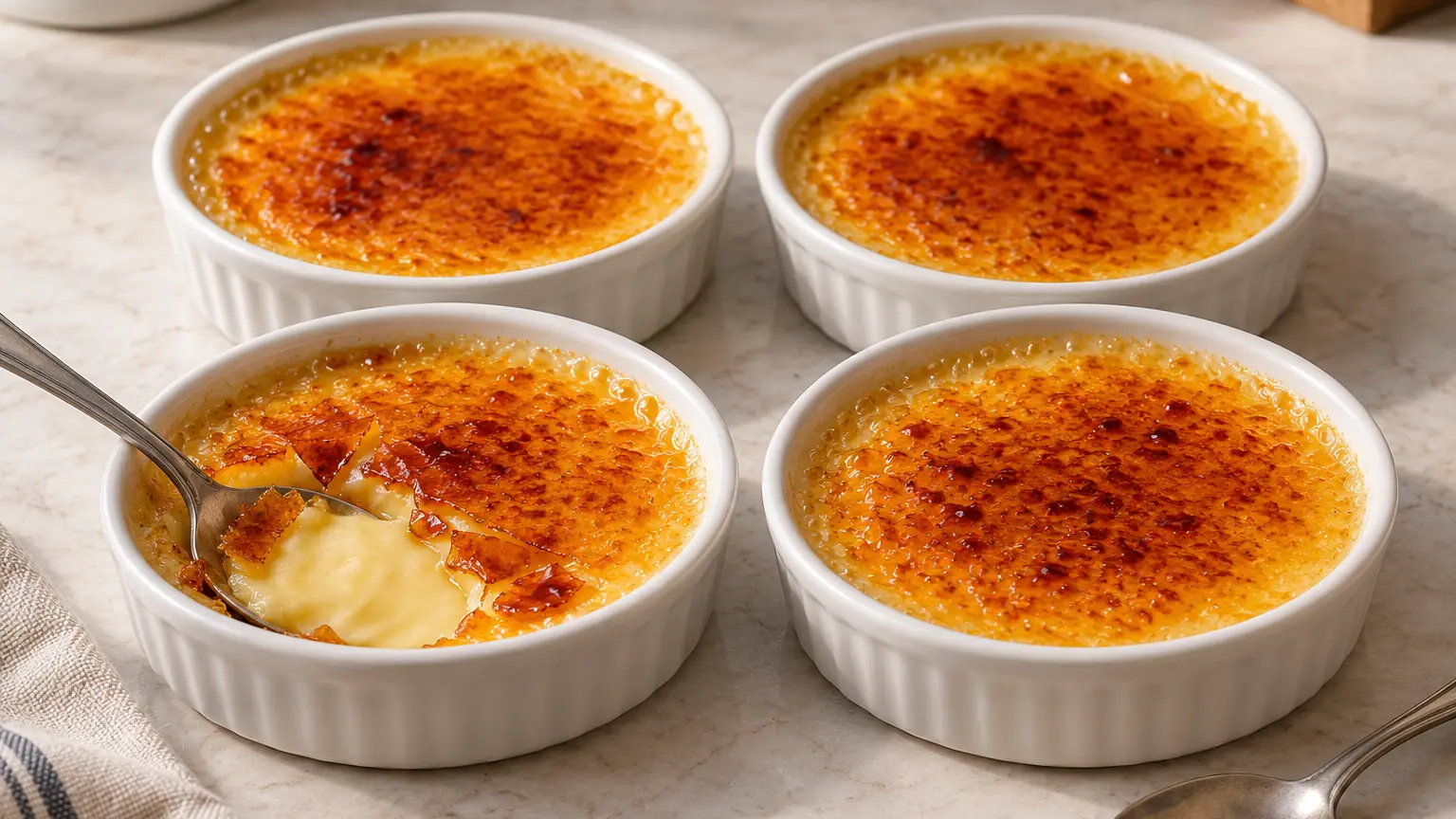 Crema catalana in four shallow ramekins with thin caramel and exposed pale custard