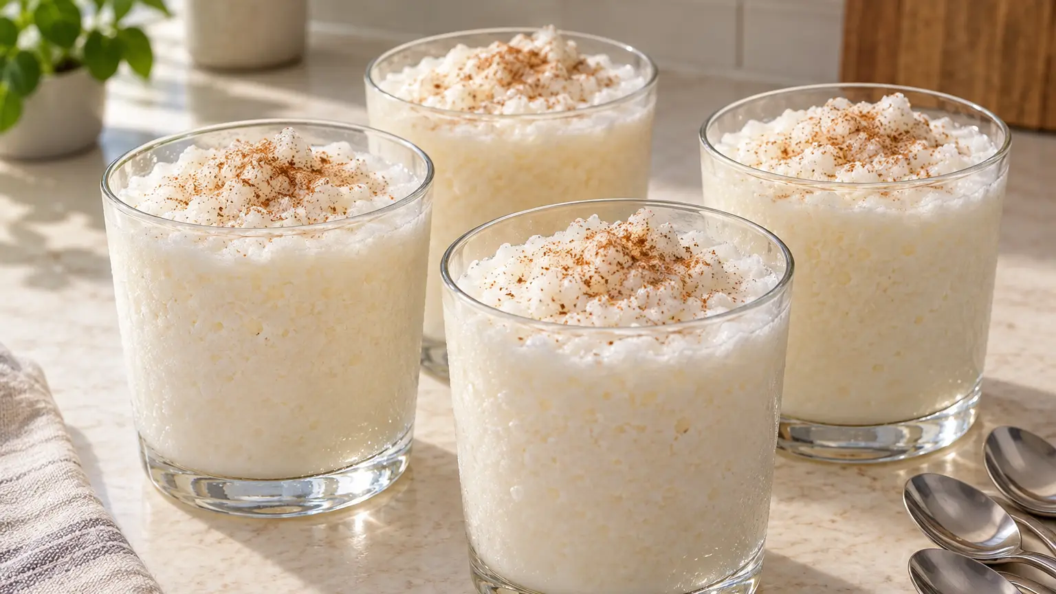 Leche merengada in four glasses with fine milk granita and a light dusting of cinnamon