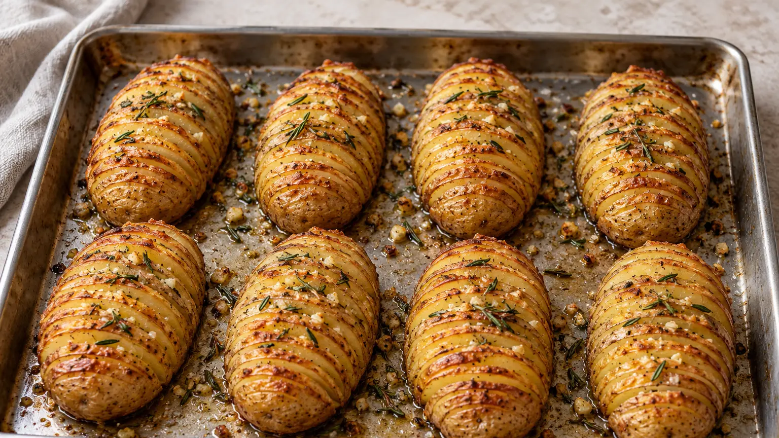 Golden Hasselback potatoes with opened cuts, garlic and rosemary on a baking sheet