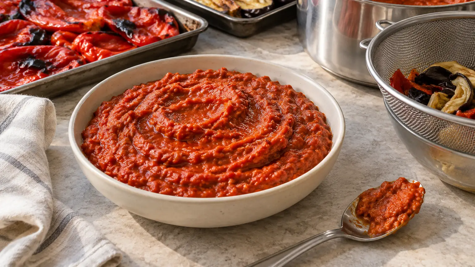 Red ajvar with a spreadable, finely textured consistency made from roasted peppers and eggplant