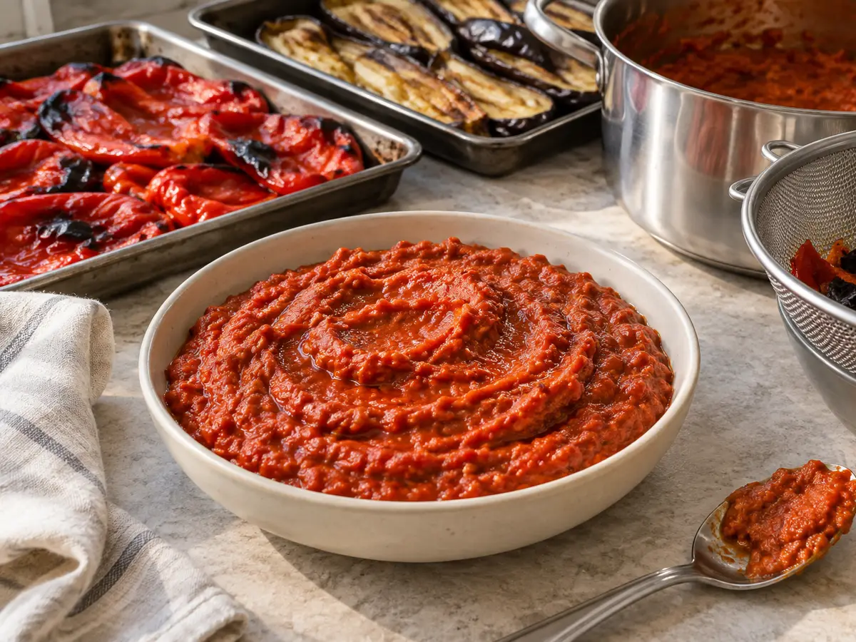 Homemade Ajvar with Roasted Peppers and Eggplant