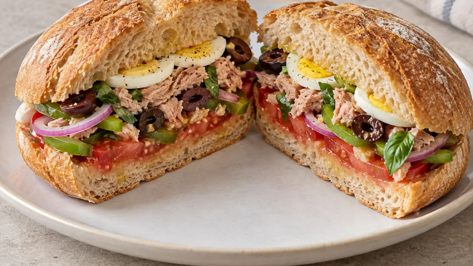 Halved round roll with layers of tuna, egg, tomato, olives and green bell pepper