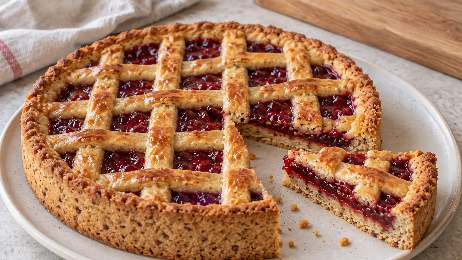 Linzer tart with browned nut pastry lattice and red preserves, with a slice cut out