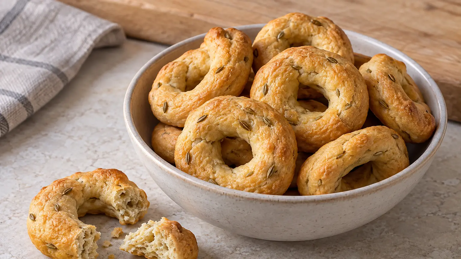 Golden taralli rings with fennel seeds and dry, crumbly centers