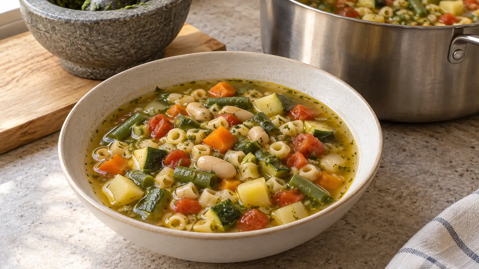 Vegetable soup with white beans, small pasta, and green basil pistou