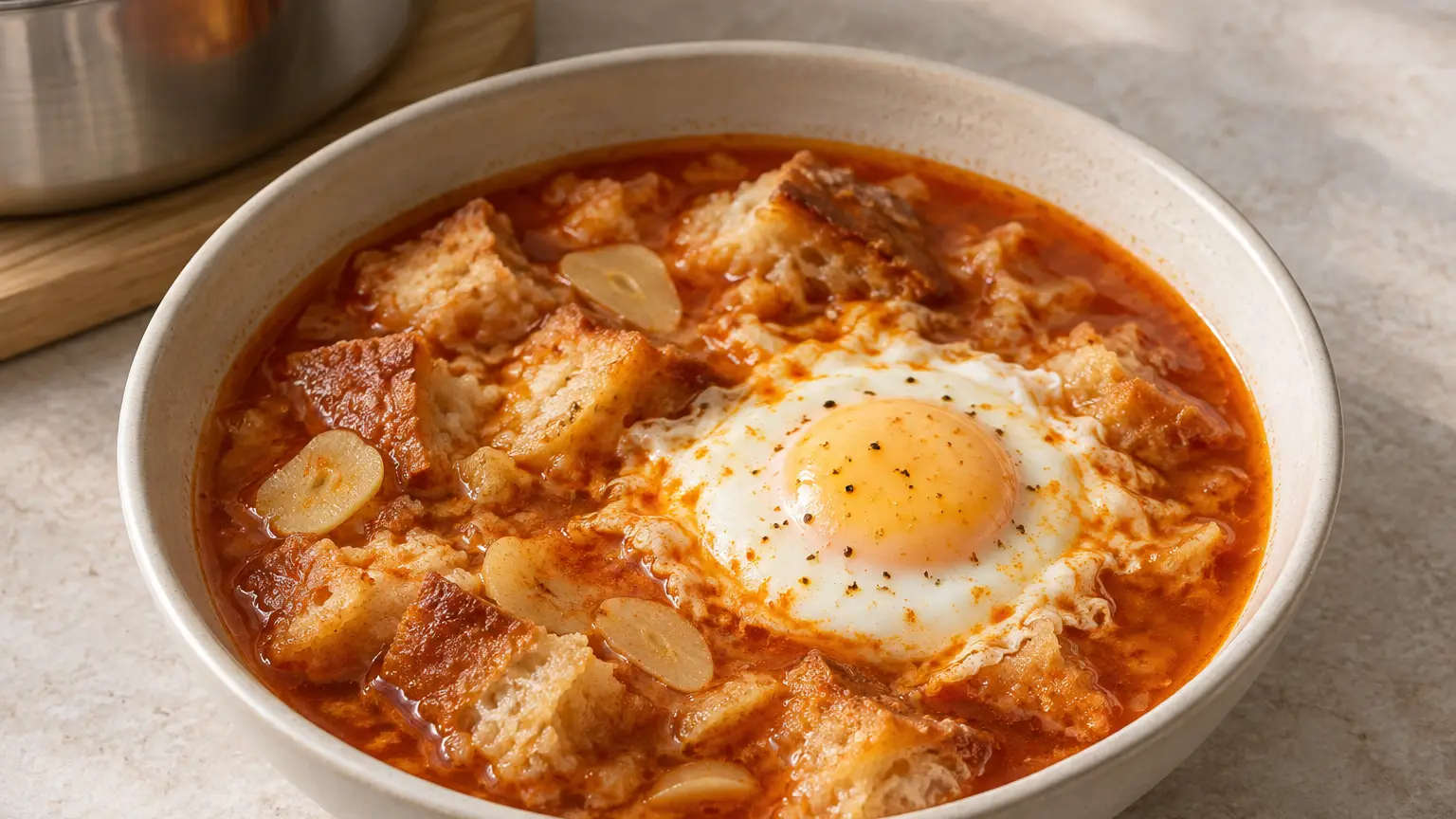 Spanish garlic soup with soft bread, red paprika, and an egg with a set white