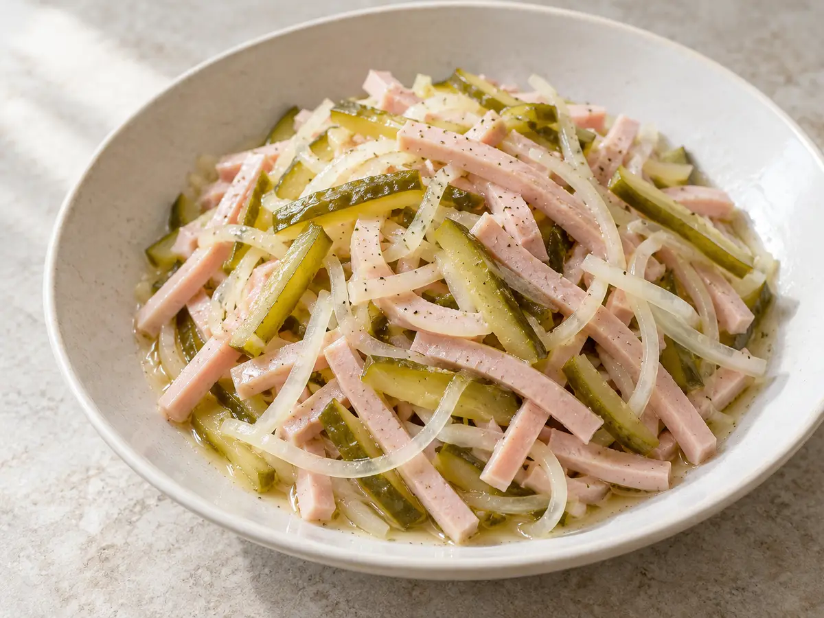 German Sausage Salad with Onion and Pickles (Wurstsalat)