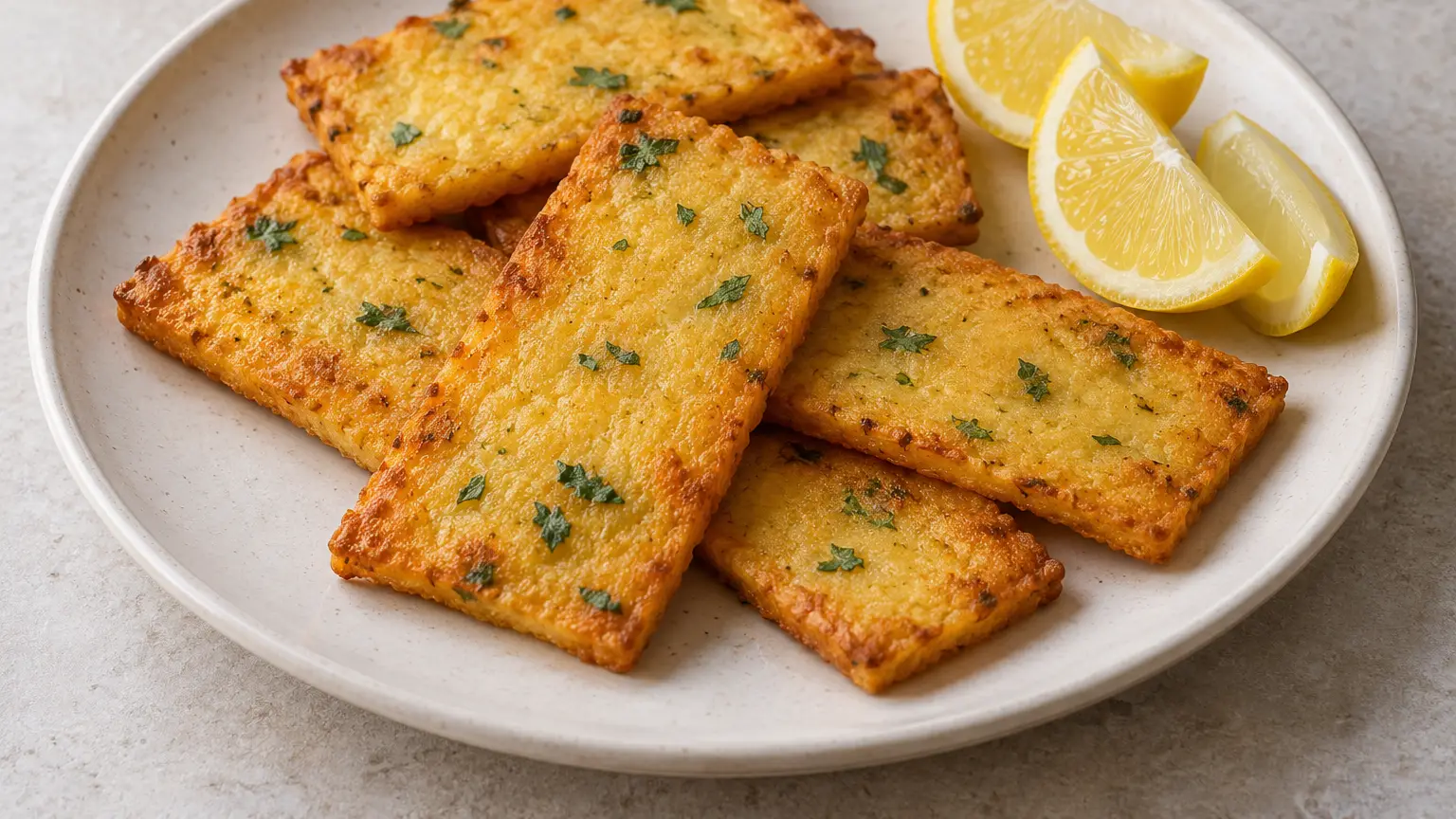 Golden rectangular panelle with parsley and crisp edges beside lemon wedges