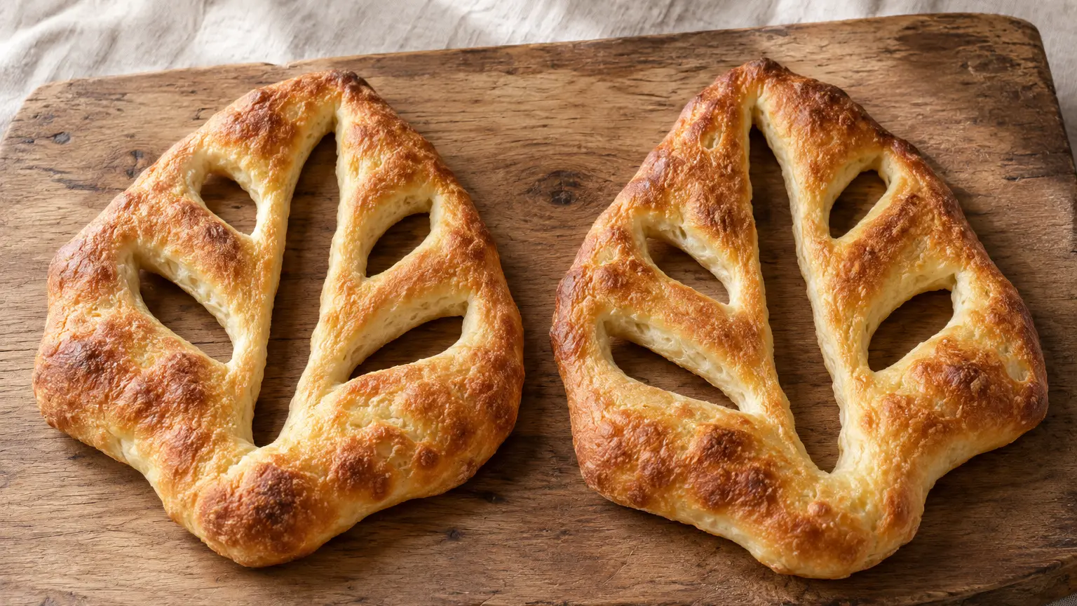 Two golden-brown fougasse loaves with openings shaped like leaf veins