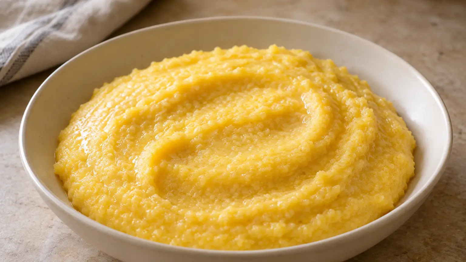 Creamy yellow polenta with a subtly glossy surface in a shallow bowl