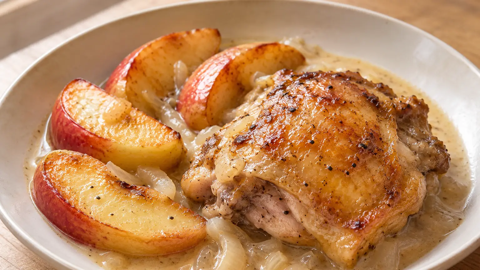 A browned chicken thigh with skin-on apple wedges in pale cream sauce