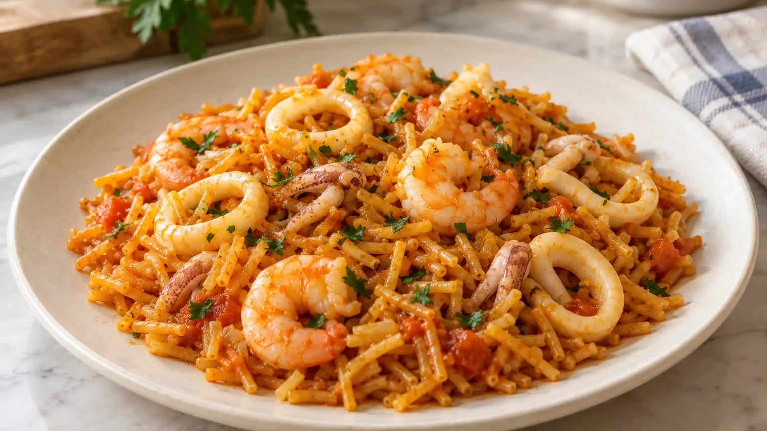 Short noodles with shrimp, squid rings, and parsley in tomato sauce