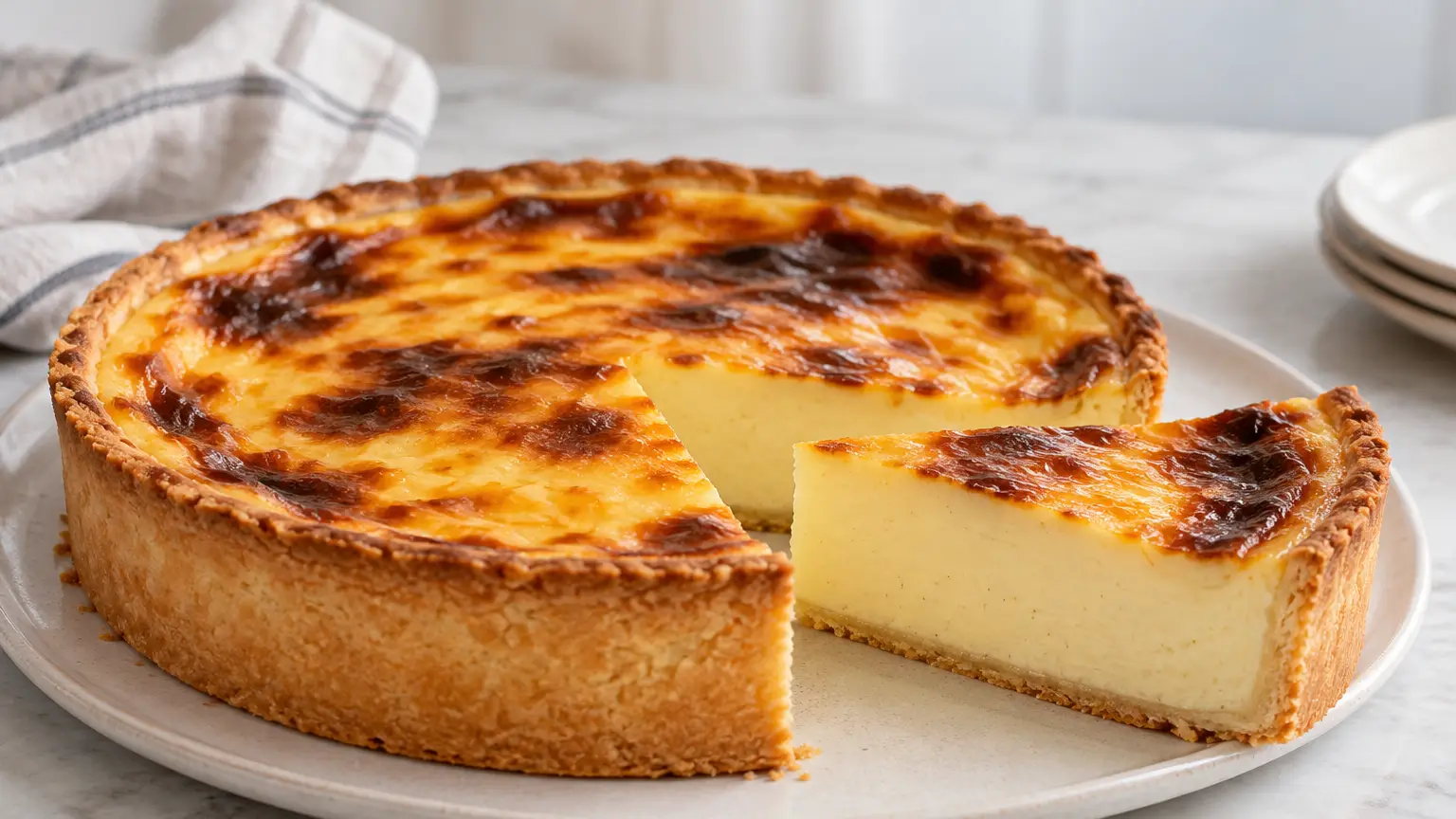 Tall tart with a browned top and a slice removed, revealing smooth custard over shortcrust