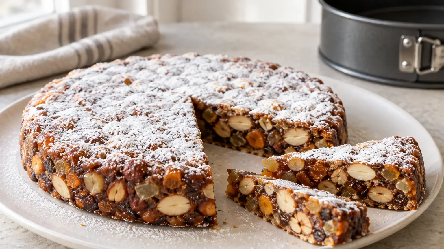 Powdered sugar-dusted panforte with thin slices revealing nuts and candied citrus peel