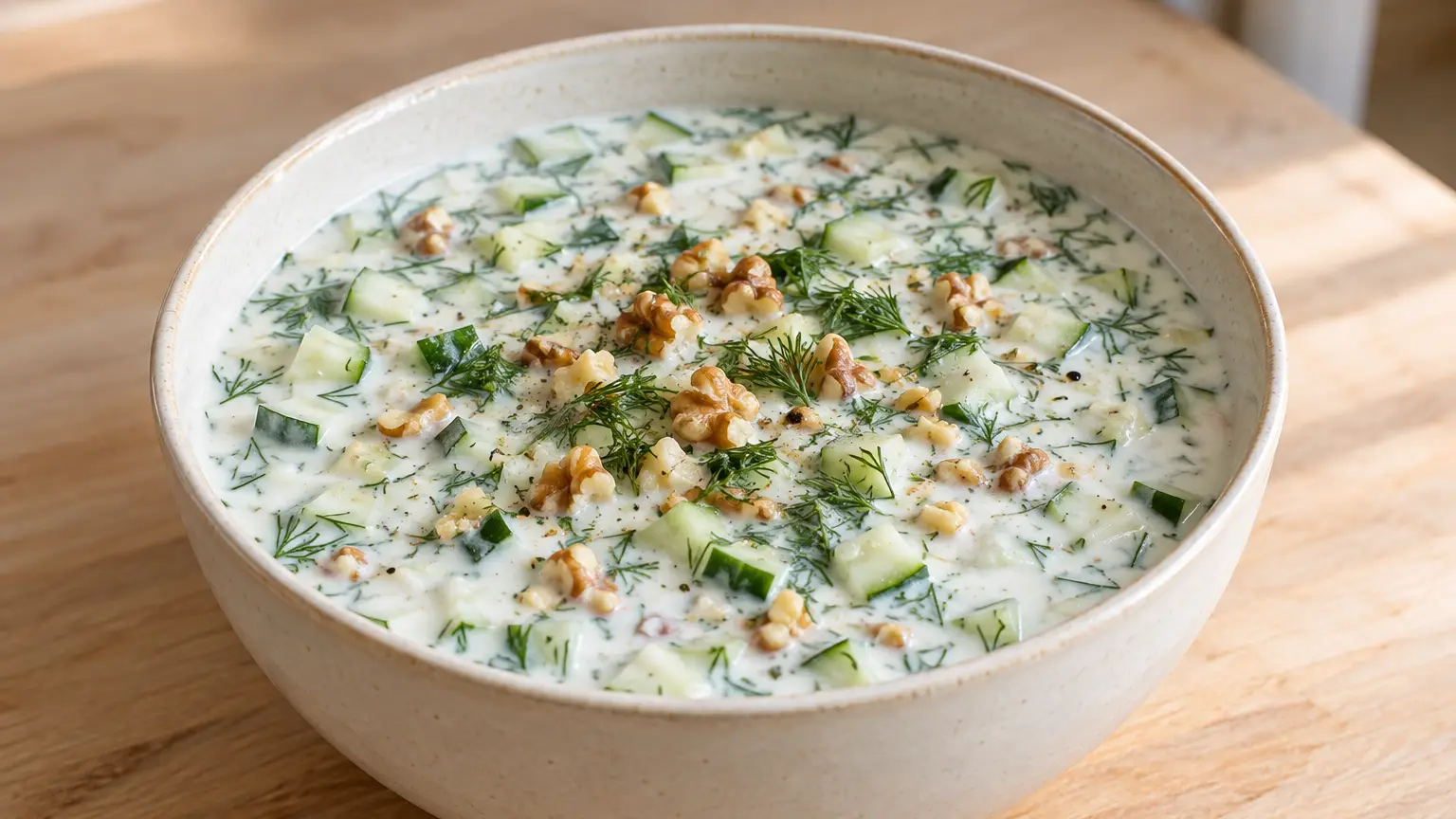 Pale yogurt soup with skin-on cucumber cubes, walnuts, and chopped dill