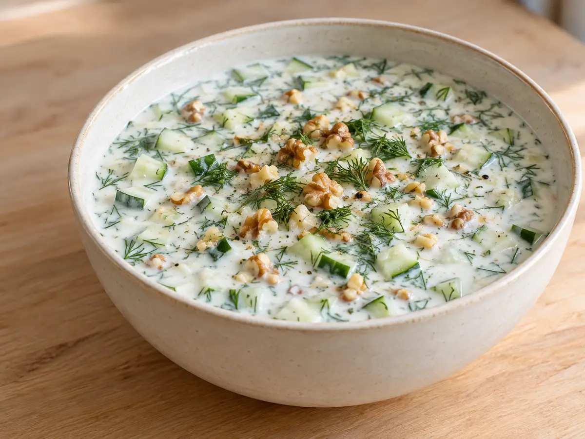 Tarator — Bulgarian Cold Soup with Cucumber, Yogurt, and Walnuts