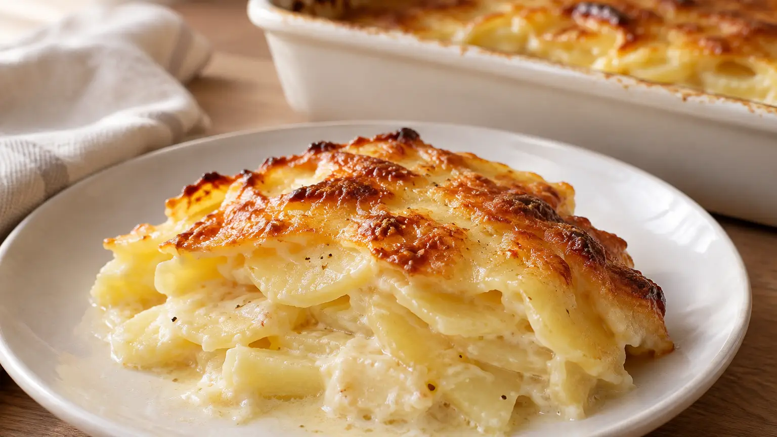 Portion of gratin with thin potato layers in creamy sauce and a browned top