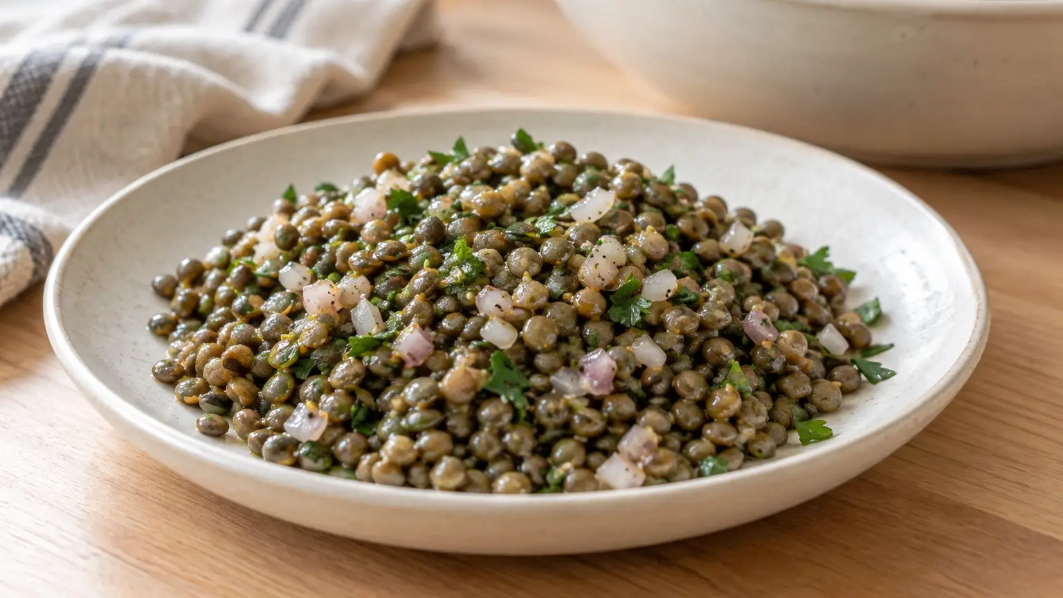 Salad of whole green lentils with shallot, parsley, and mustard vinaigrette