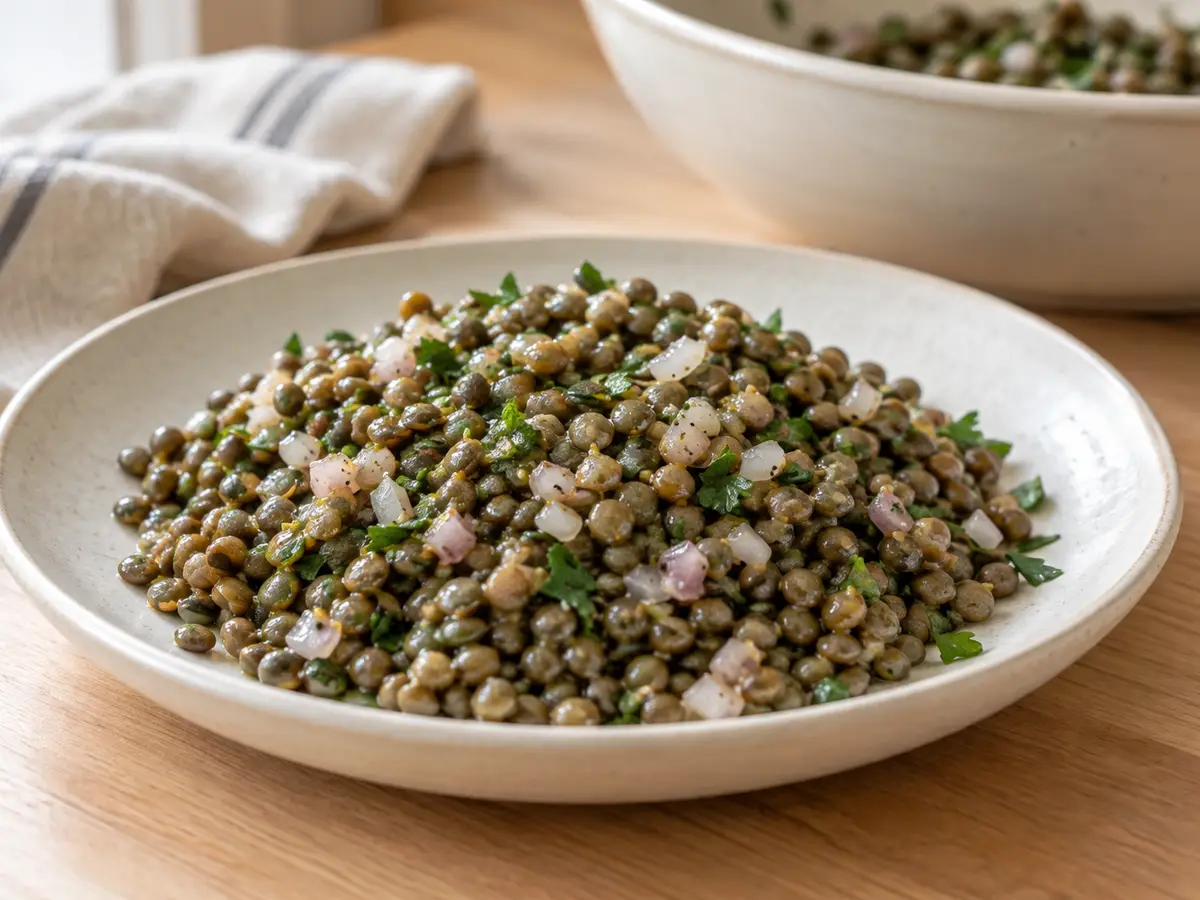 Französischer Salat aus grünen Linsen mit Senf-Vinaigrette