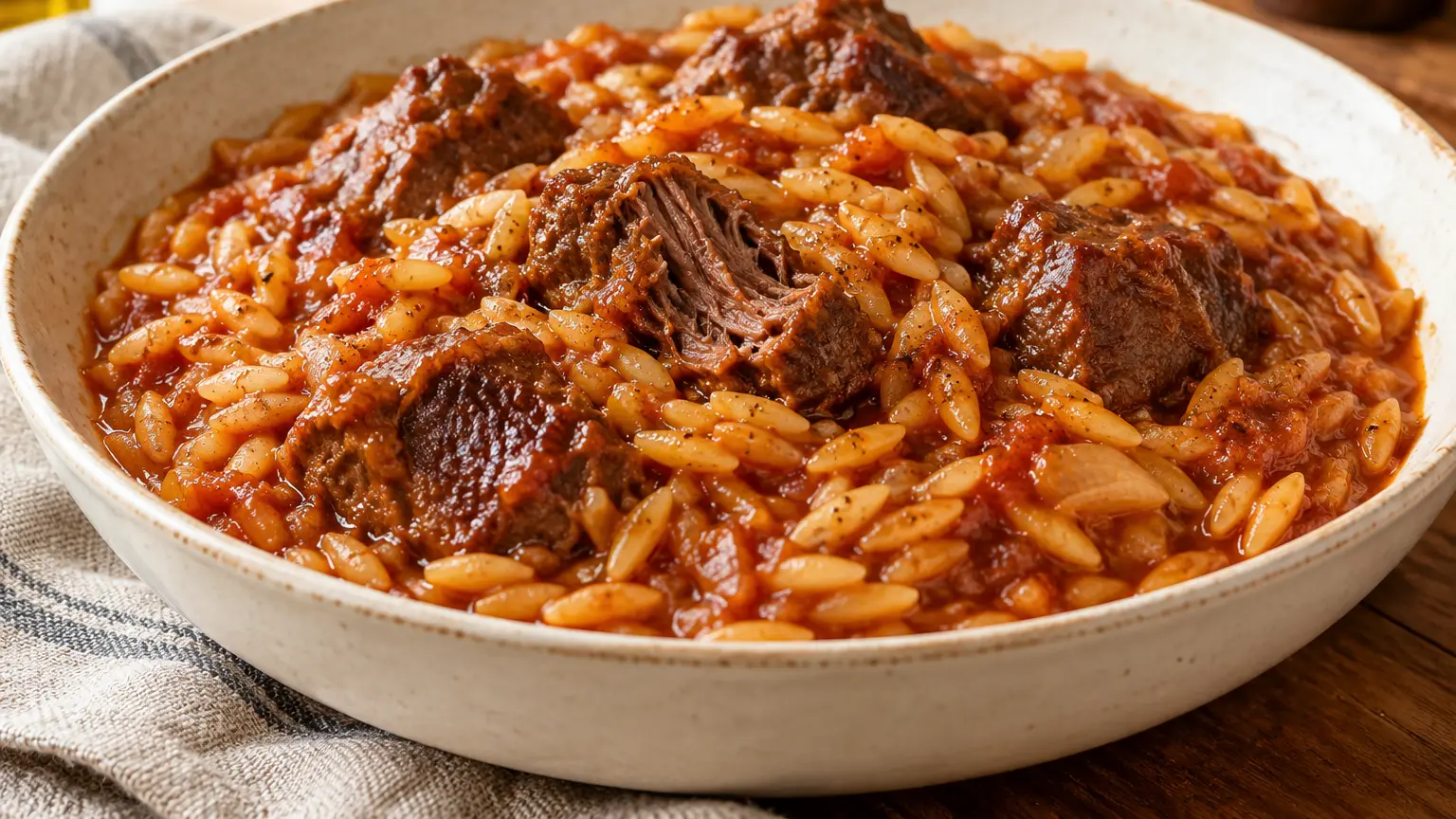 Tender beef with small orzo pasta in juicy tomato sauce