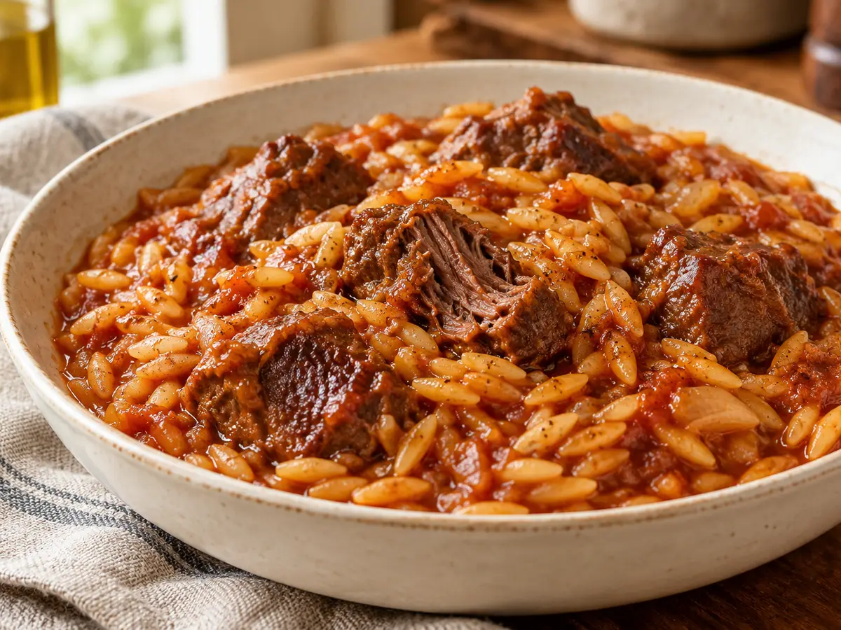 Youvetsi — griechisches Rindfleisch mit Orzo aus dem Ofen