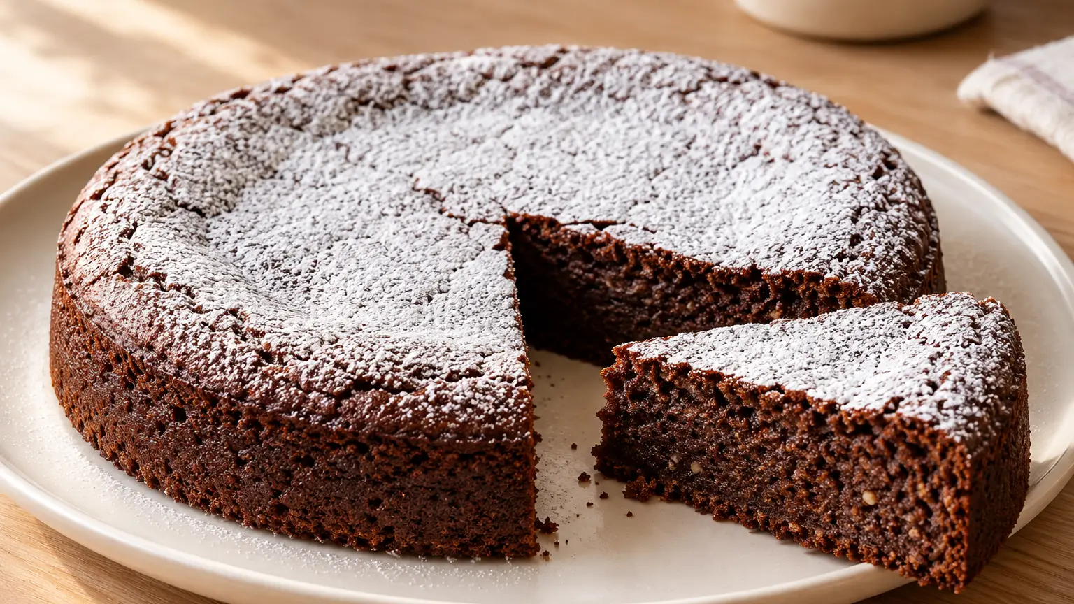 Torta caprese dusted with powdered sugar, showing its moist chocolate almond crumb