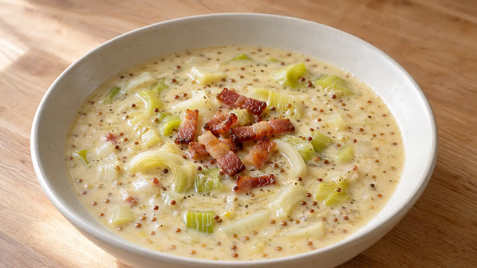 Creamy mustard soup with mustard seeds, leek half-moons, and browned bacon on top