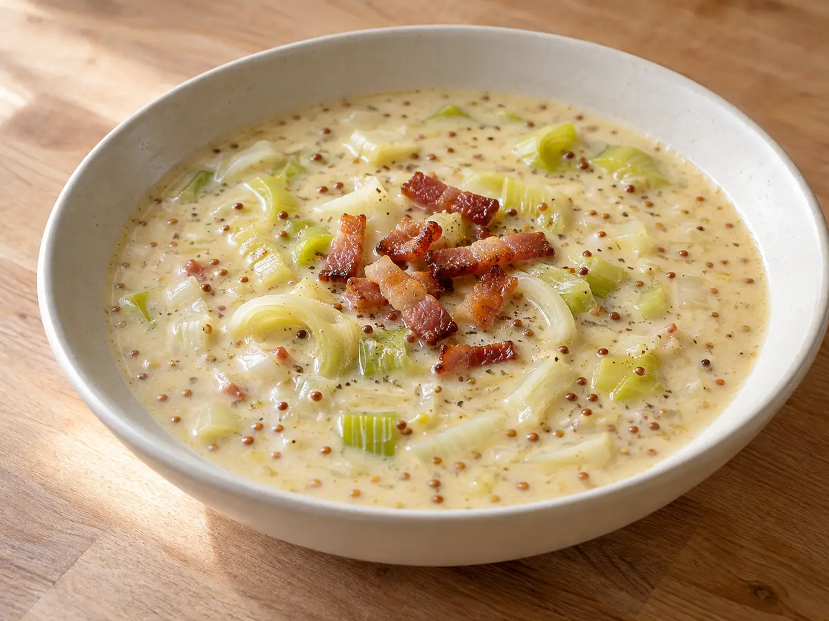 Dutch mustard soup with leek and bacon