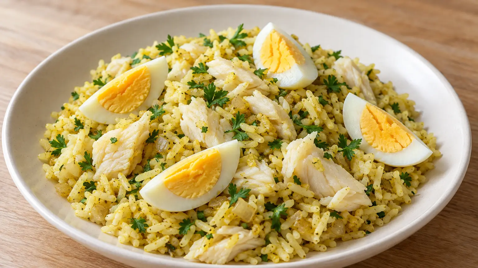 Kedgeree with fluffy yellow rice, smoked haddock, eggs and parsley