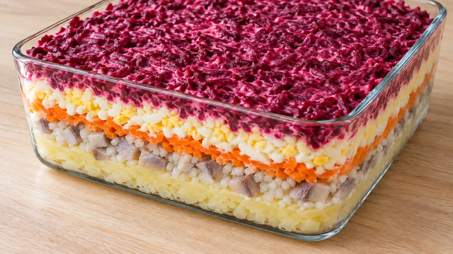 Layered salad with beets, herring, potatoes, carrots and eggs in a glass dish