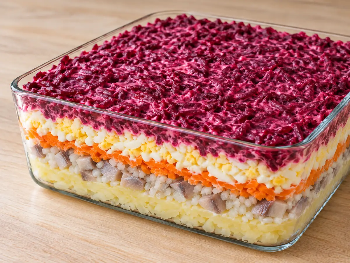 Herring under a fur coat — layered beet salad