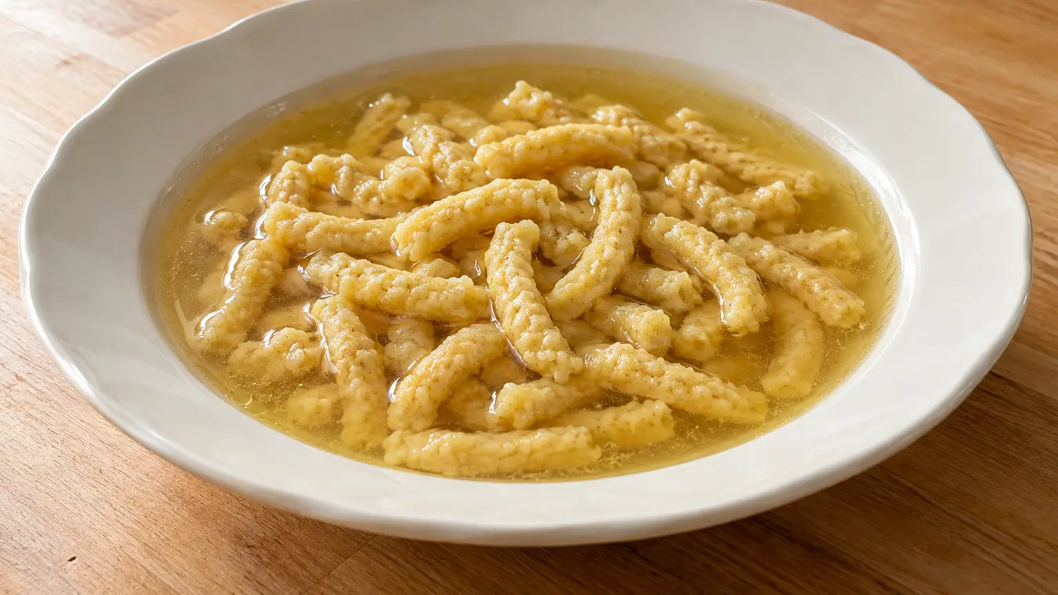Short, irregular Parmesan dumplings in a deep soup plate with clear broth
