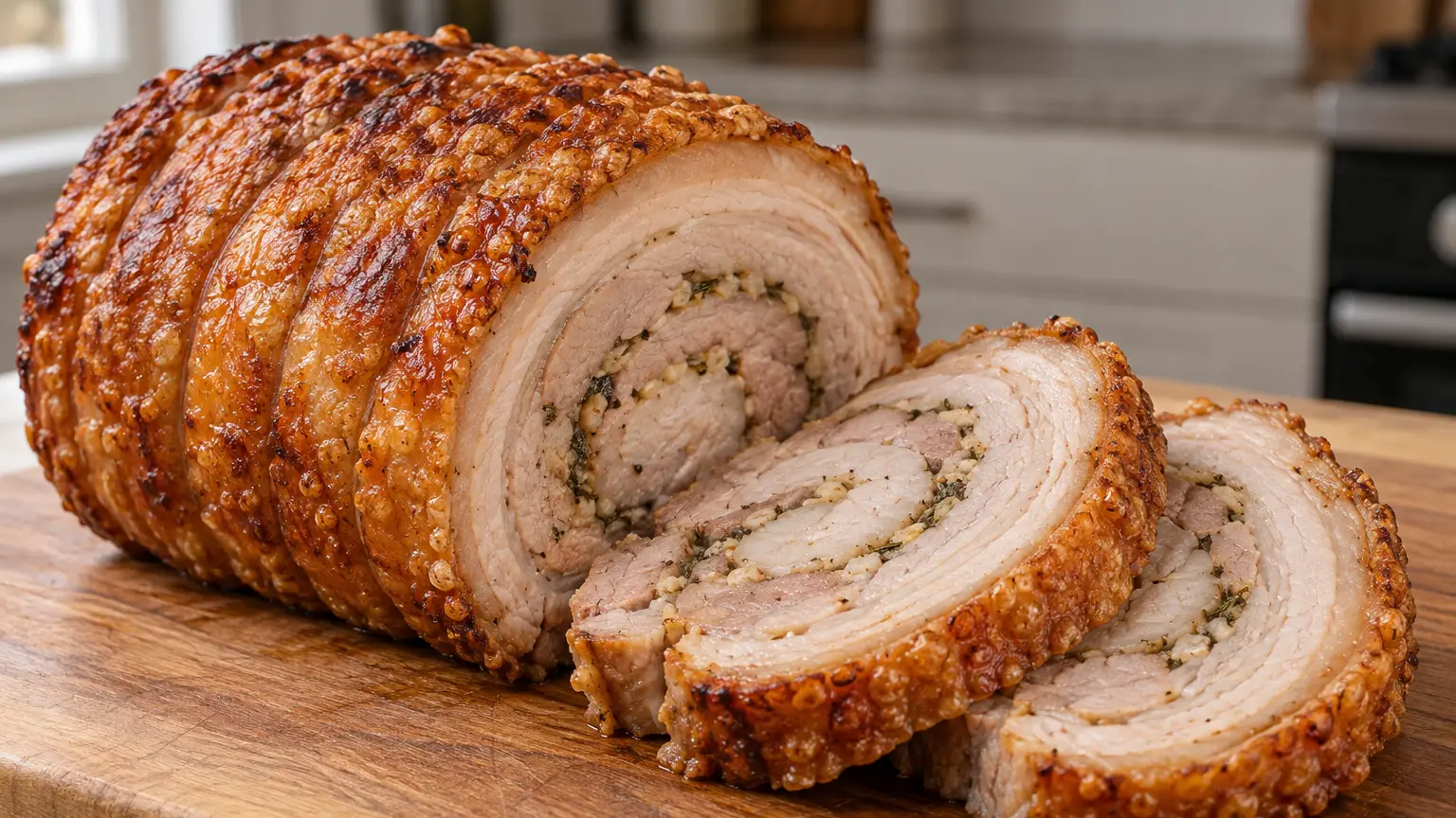 Porchetta mit goldbrauner knuspriger Schwarte und Kräutern im Inneren in dicken Scheiben