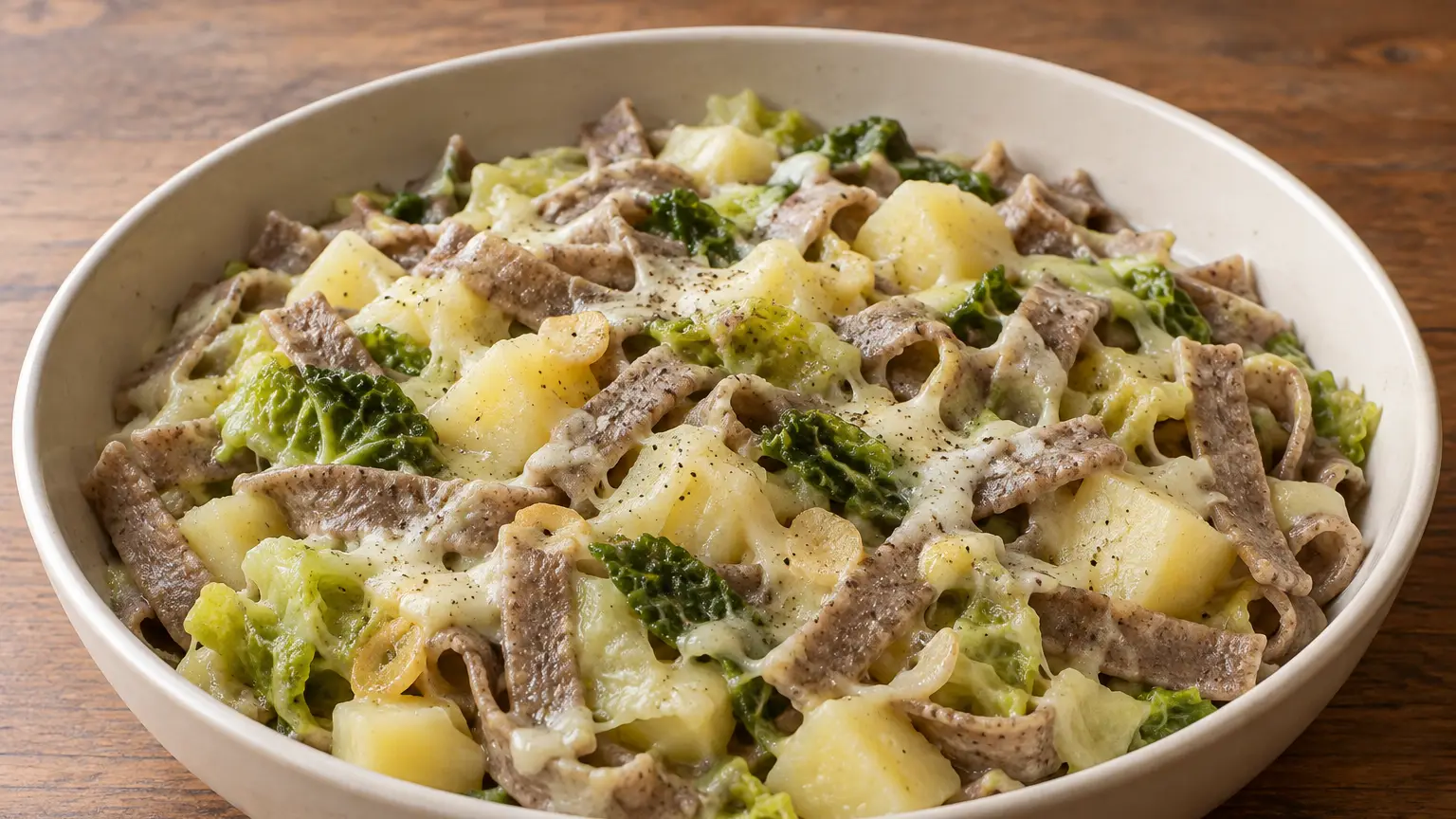 Pizzoccheri with Savoy cabbage, potatoes and stretchy cheese in a deep serving dish