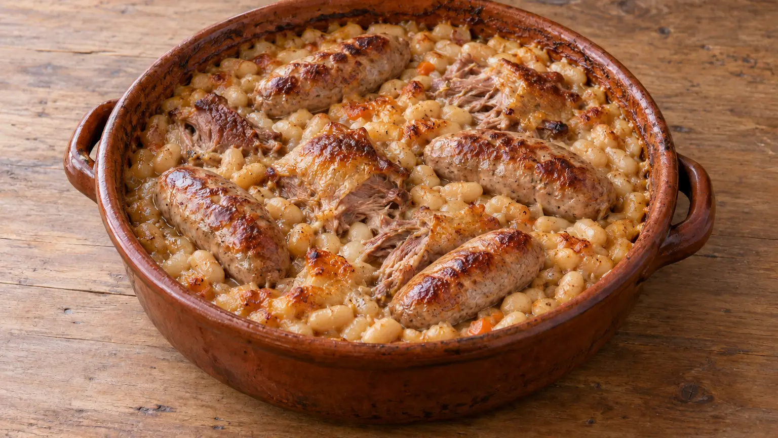 Cassoulet with white beans, duck and browned sausage in a deep baking dish