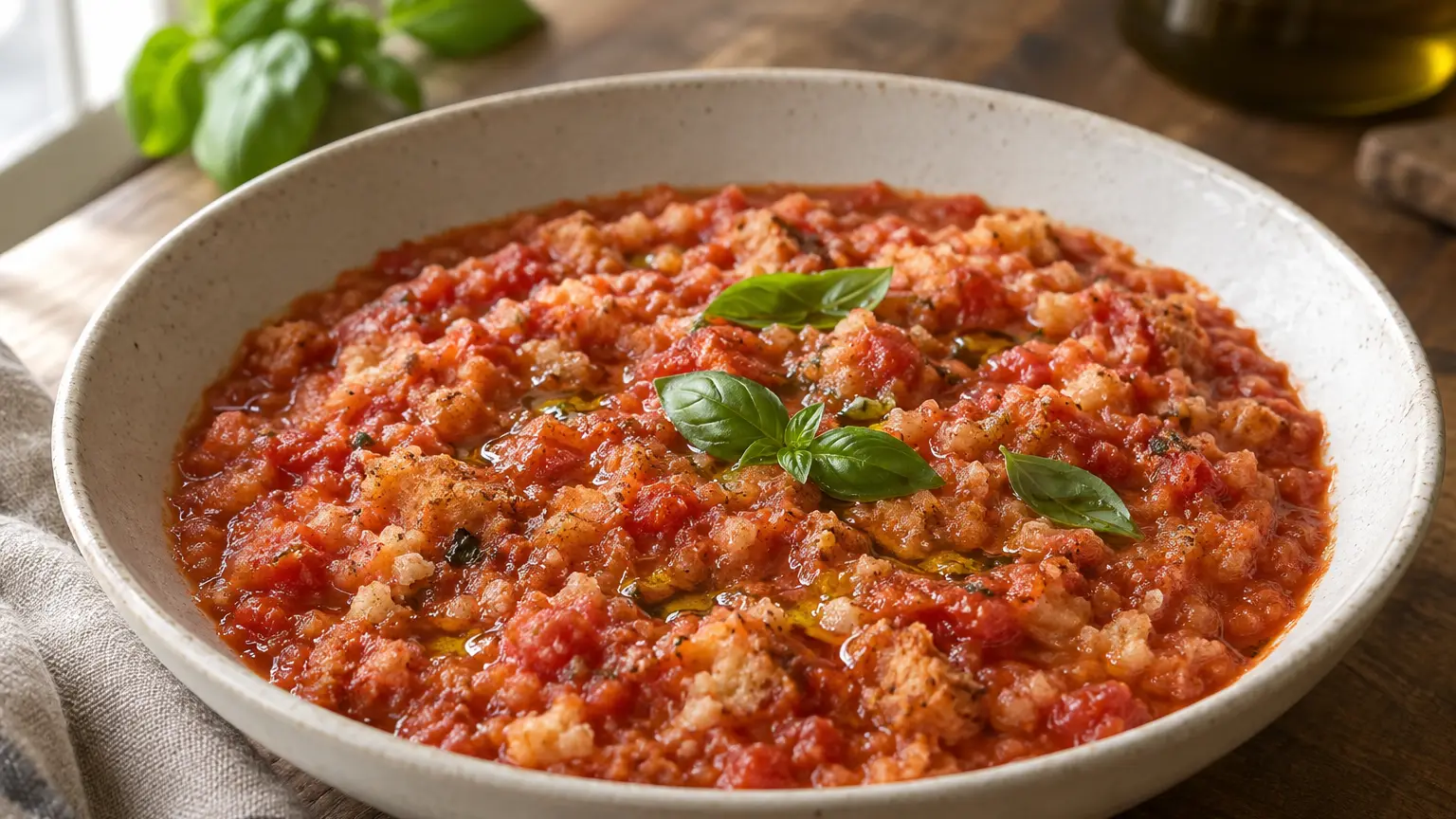 Thick tomato and bread soup in a deep plate with olive oil and fresh basil
