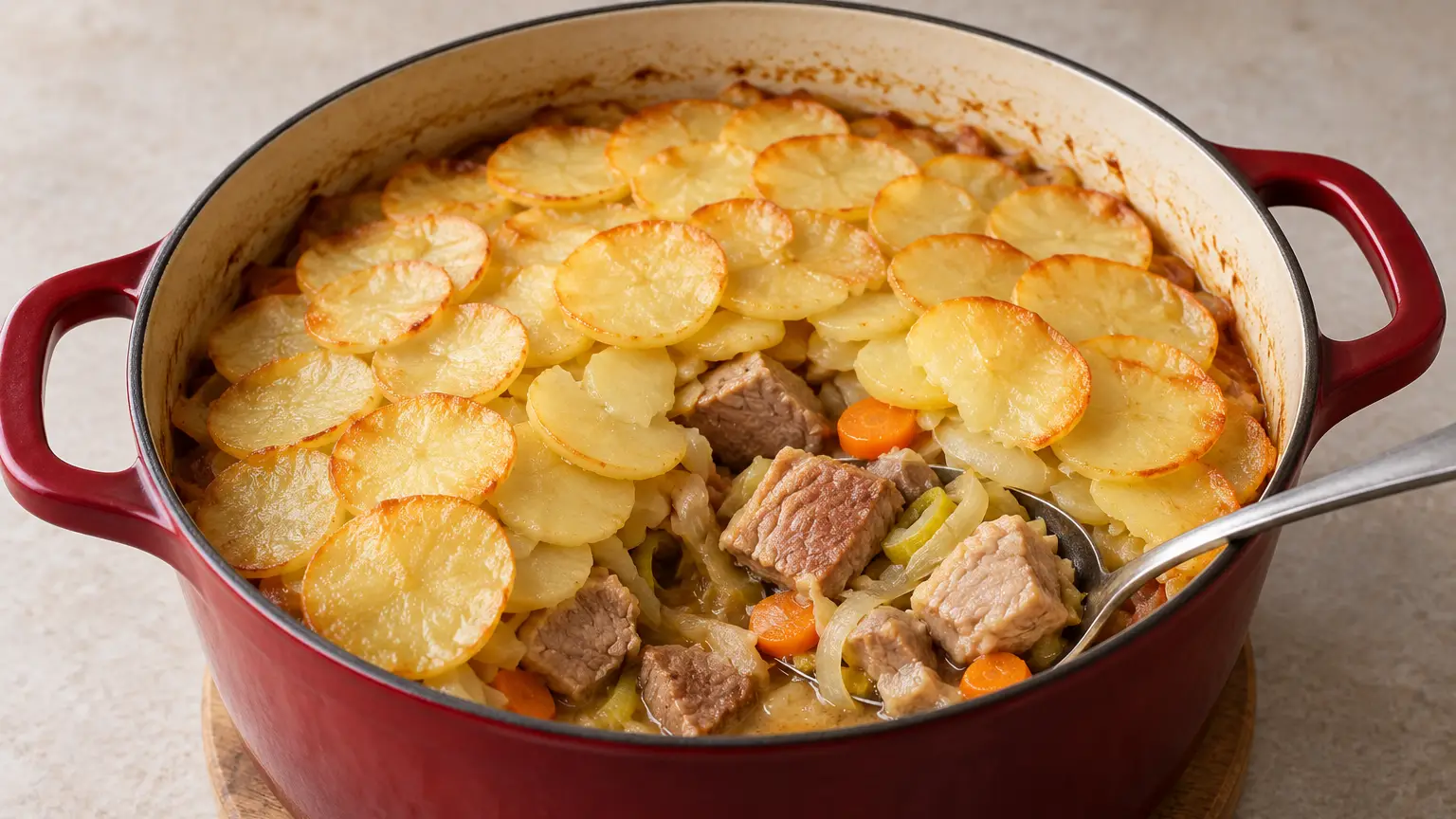 Baeckeoffe with three meats beneath a layer of potatoes in an open cast-iron pot