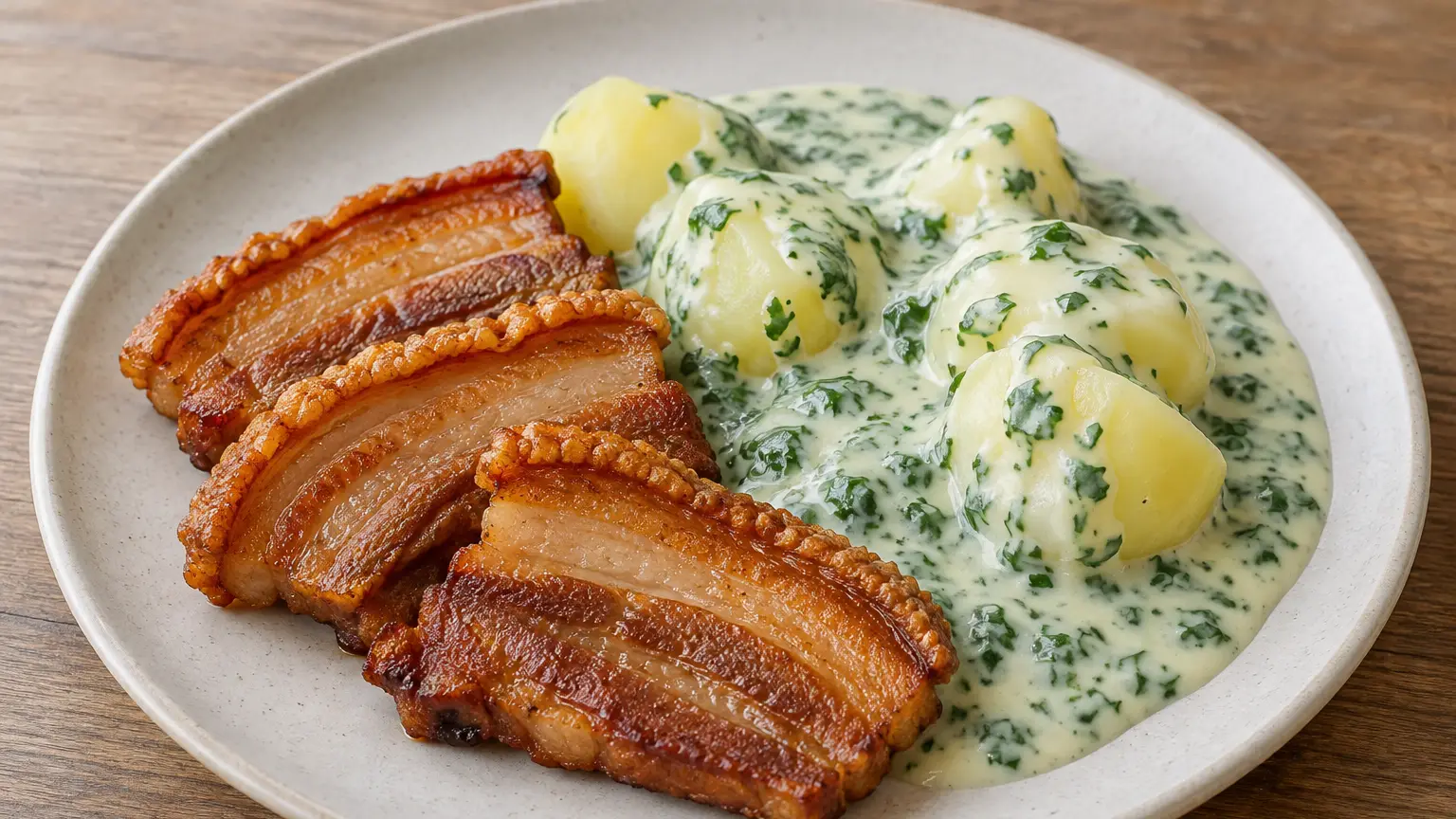 Stegt flæsk with crisp pork belly slices, boiled potatoes and white parsley sauce