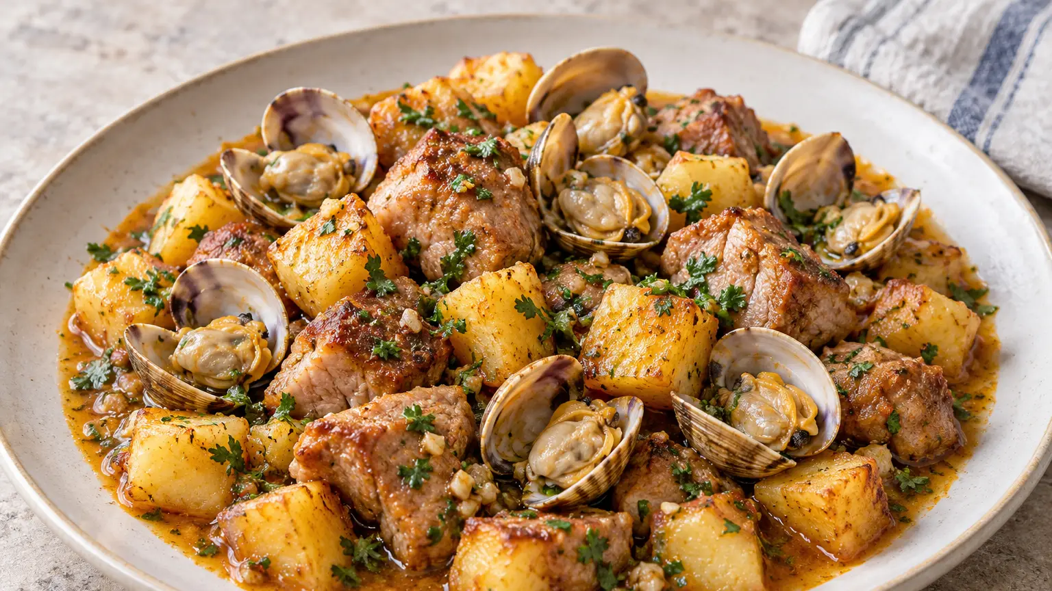 Carne de porco à alentejana with pork, open clams, browned potatoes and cilantro