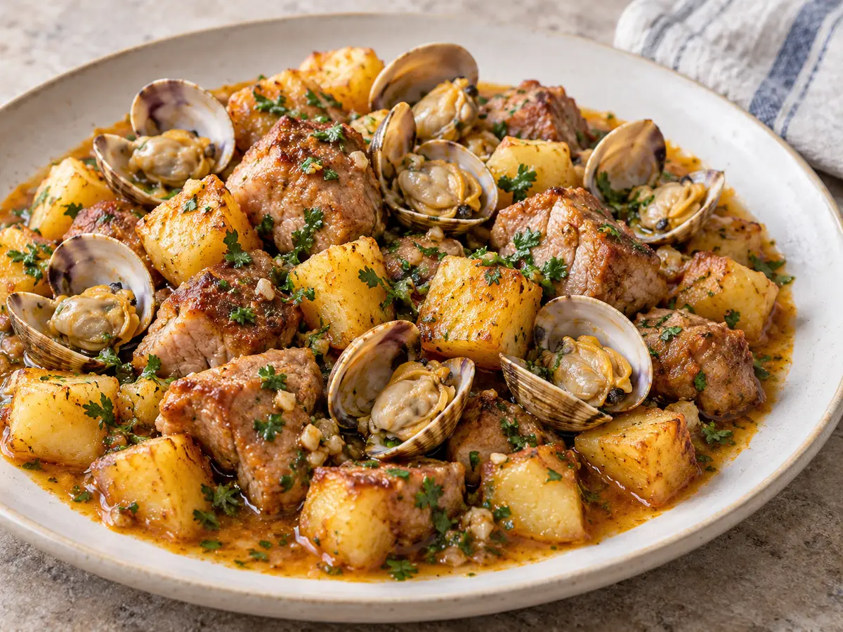 Carne de porco à alentejana — pork with clams and potatoes